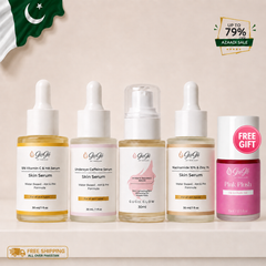 GuGii Glow Skincare Bundle – Vitamin C, Niacinamide, Under Eye Caffeine, Intimate Radiance Serum + FREE Pink Plush Lip & Cheek Tint