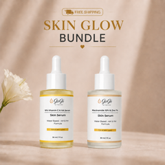 Gugii Glow Vitamin C and Niacinamide serum bottle with dropper, glowing skin and fresh citrus fruits in the background.