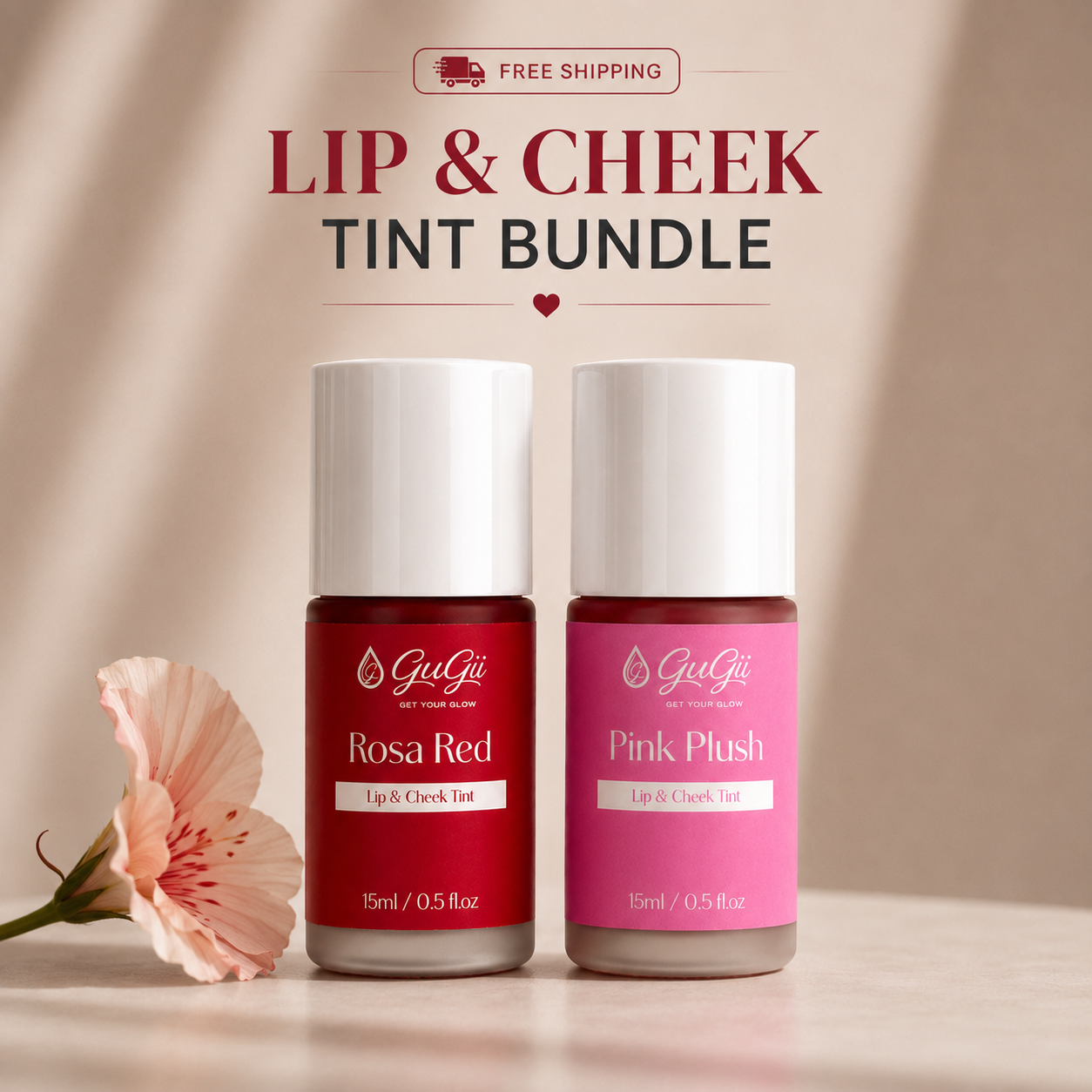 Gugii Glow Radiant Lip & Cheek Tint applied on lips and cheeks, showcasing a natural, glowing finish with vibrant color.