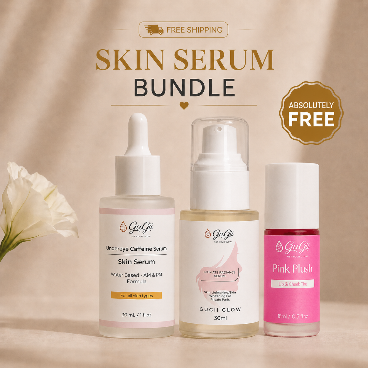 Gugii Glow Targeted Care Routine Duo with two serums and a free lip and cheek tint, displayed in sleek bottles and compact container.