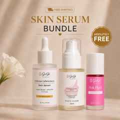 Gugii Glow Targeted Care Routine Duo with two serums and a free lip and cheek tint, displayed in sleek bottles and compact container.