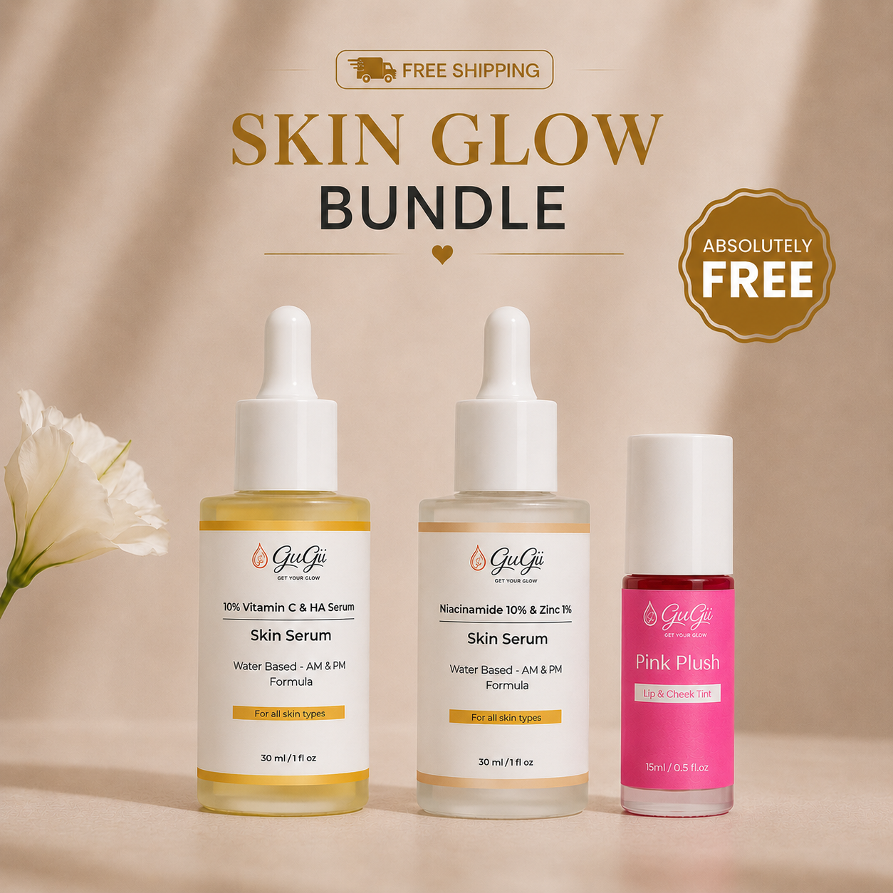 Gugii Glow Brightening Routine Duo with two serums and a free lip and cheek tint, displayed with bottles and tint tube.