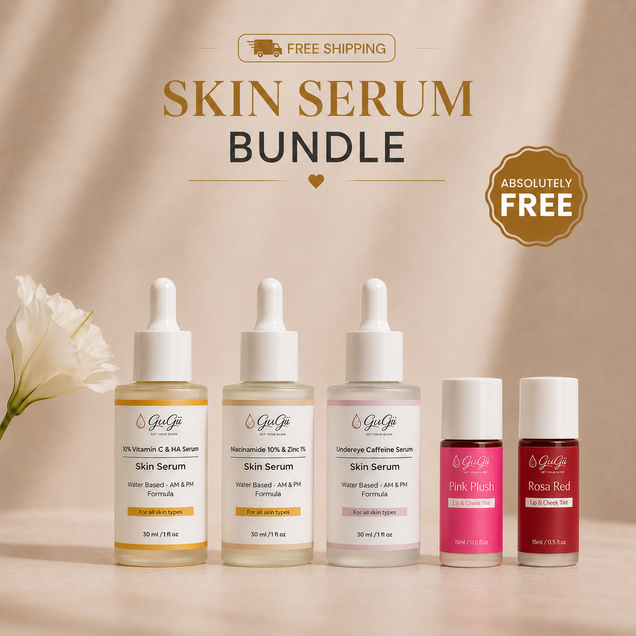 Gugii Glow Skin Serum Bundle with three serums and two free lip and cheek tints, featuring skincare and makeup products.