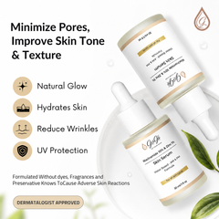 Gugii Glow Niacinamide 10% and Zinc 1% serum bottle, clear 30ml container with white dropper cap for skincare.