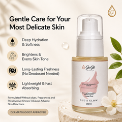 Gugii Glow Intimate Radiance Serum in a 30ml bottle, featuring clear packaging and a sleek design.