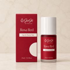 GUGII GLOW Rosa Red Lip and Cheek Tint tube with applicator, showcasing vibrant pinkish-red color and sleek packaging.