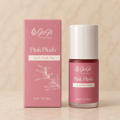 Gugii Glow Pink Plush Lip & Cheek Tint in a sleek container, showing the soft pink shade and plush applicator.