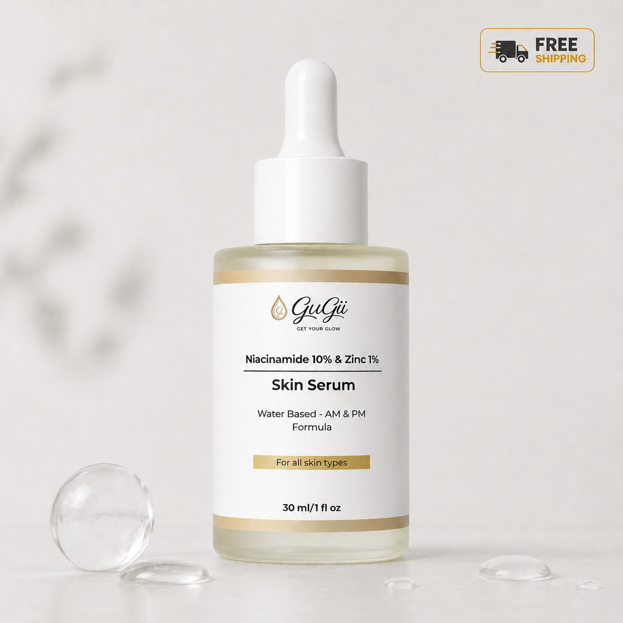 Gugii Glow Niacinamide 10% and Zinc 1% serum bottle, 30ml, featuring a sleek white label and dropper cap for skincare.