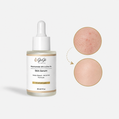 Gugii Glow Niacinamide 10% & Zinc 1% serum bottle, 30ml, with clear label and dropper cap, on a neutral background.