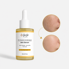 Gugii Glow Vitamin C and Hyaluronic Acid Serum in a 30ml bottle, featuring clear liquid with a dropper cap for skincare.