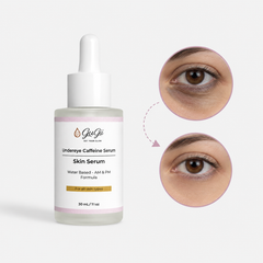 Gugii Glow caffeine eye serum in a 30ml bottle, featuring a clear container with a white pump dispenser and branding label.