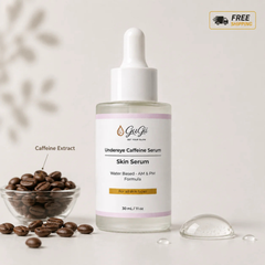 Gugii Glow Undereye Caffeine Eye Serum in a 30ml bottle, featuring a sleek packaging design with a clear label and pump dispenser.